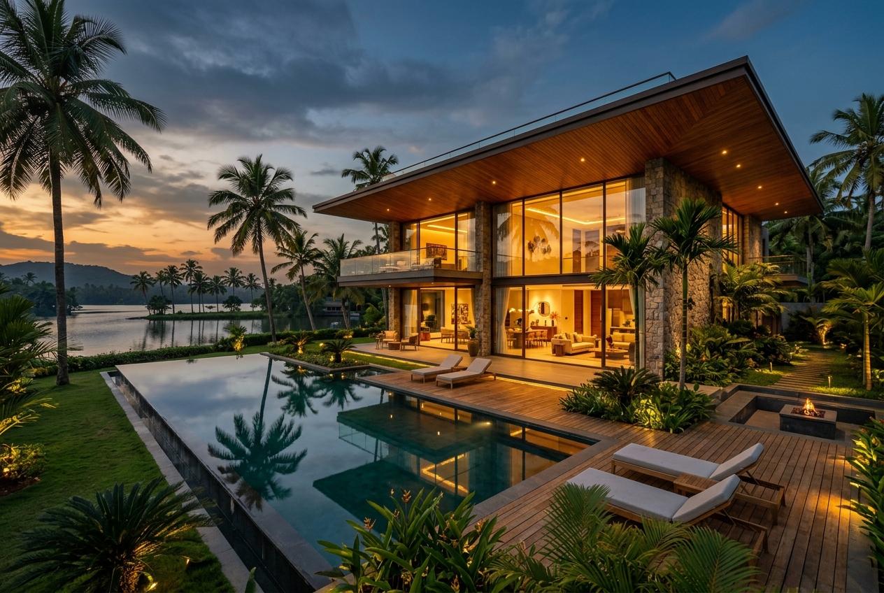 Completed ANNAI luxury residence villa — twilight view with warm ambient lighting