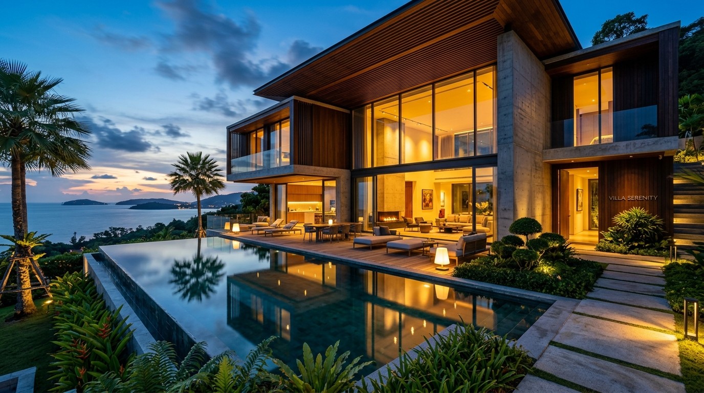 Completed luxury modern villa with panoramic glass and reflection pool at dusk