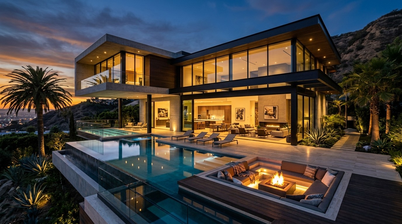 Modern cantilever residence with sunken lounge and pool