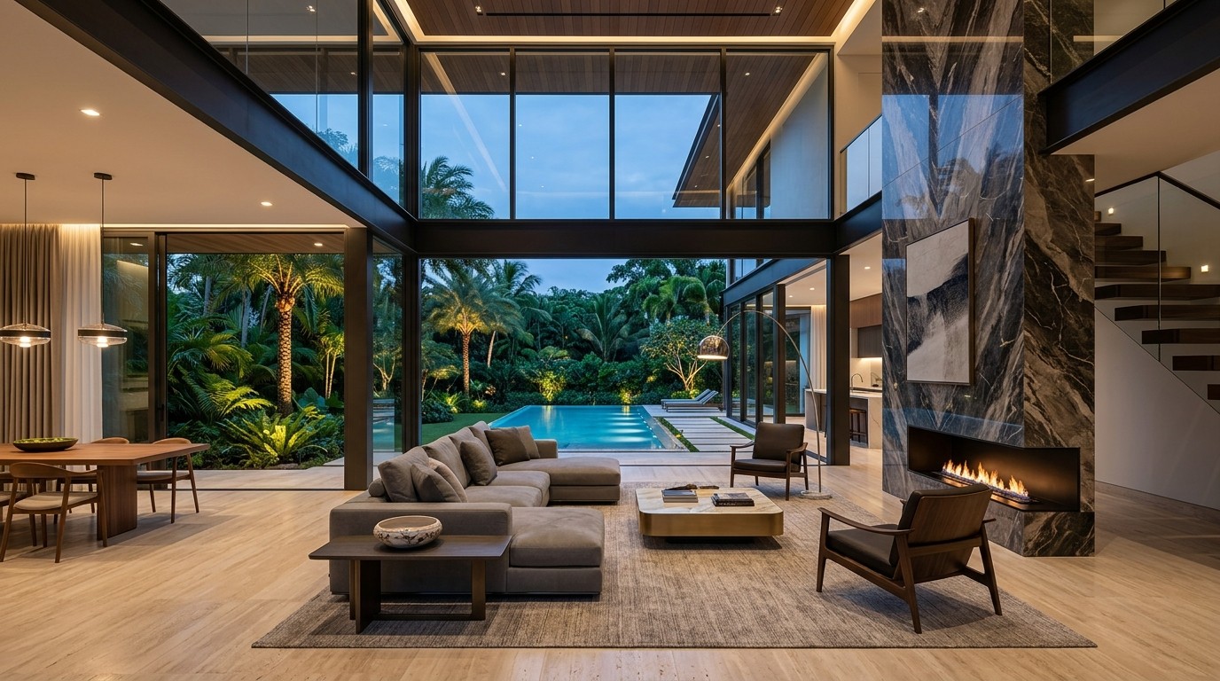 Double-height living hall with marble fireplace and courtyard view